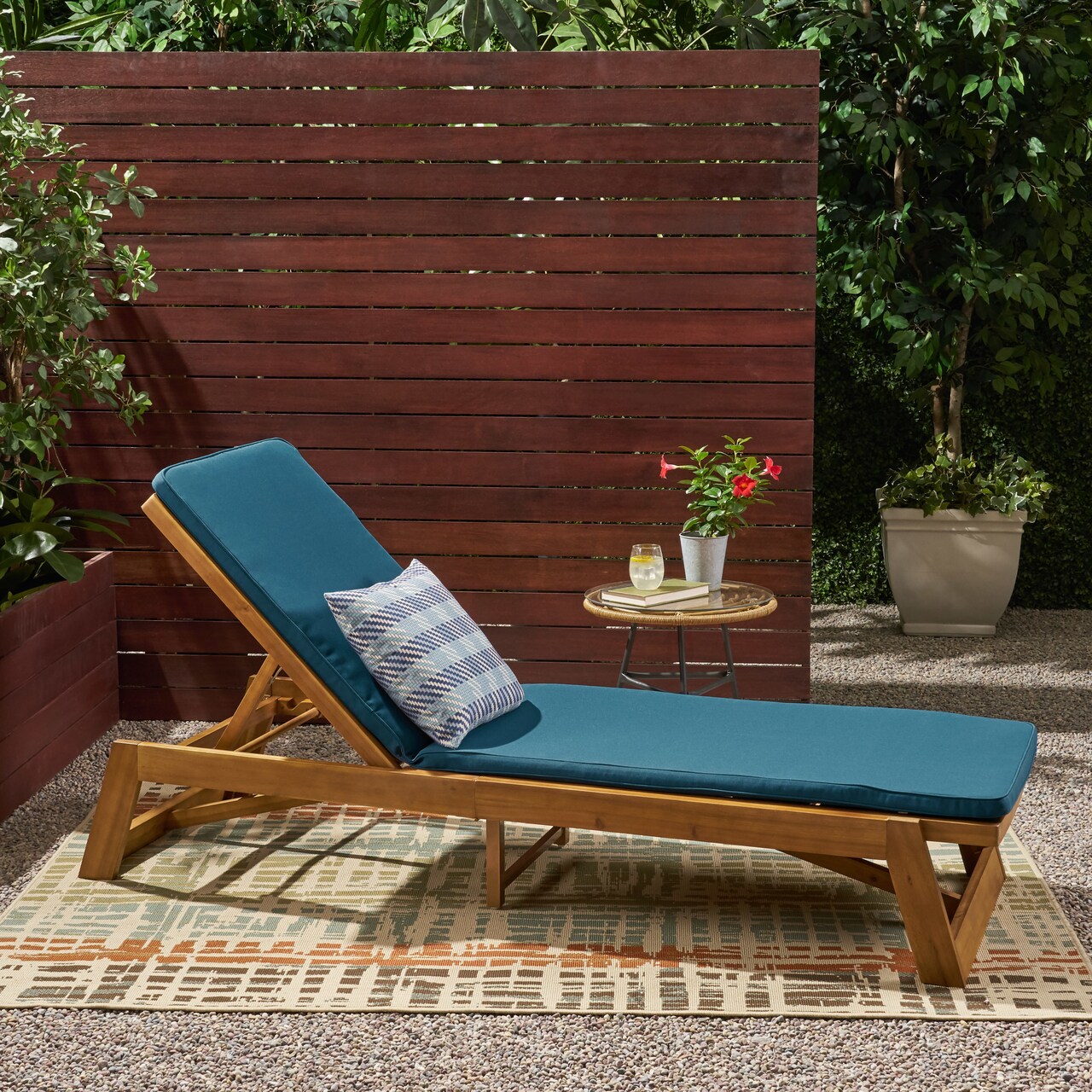 GDFStudio Charlotte Outdoor Acacia Wood Chaise Lounge and Cushion Set